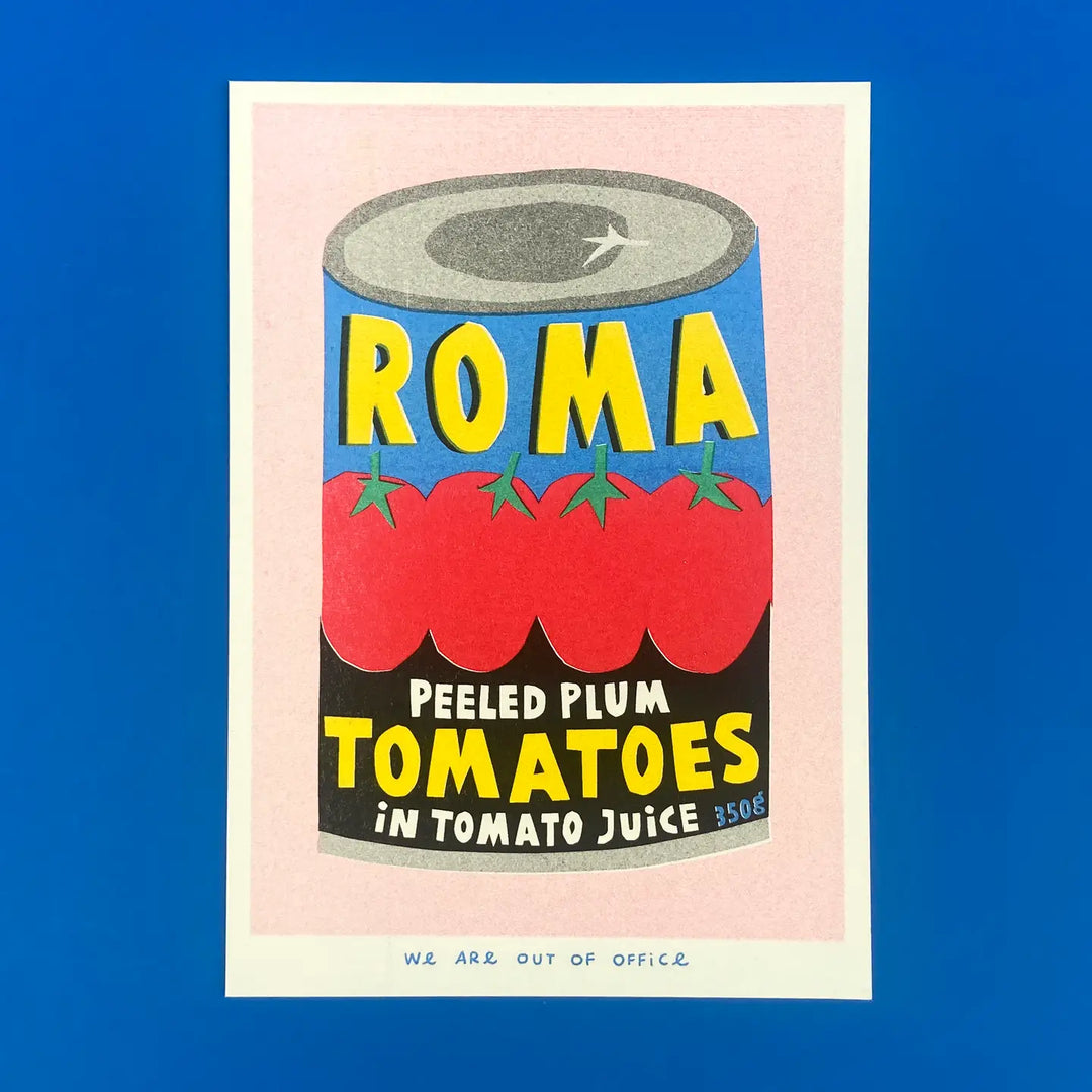 Risograph print - Can of Roma Plum Tomatoes