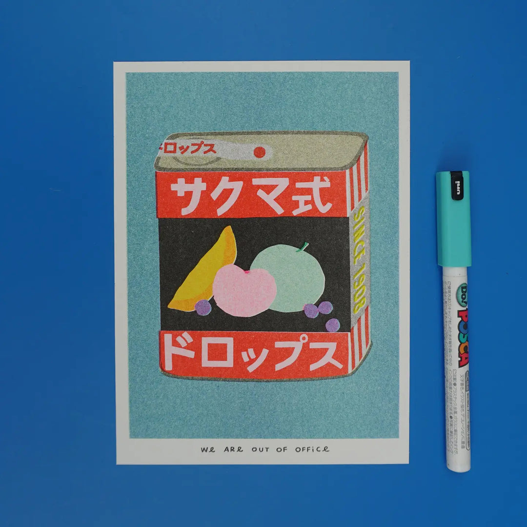 Risograph print - Tin can of Sakuma drops