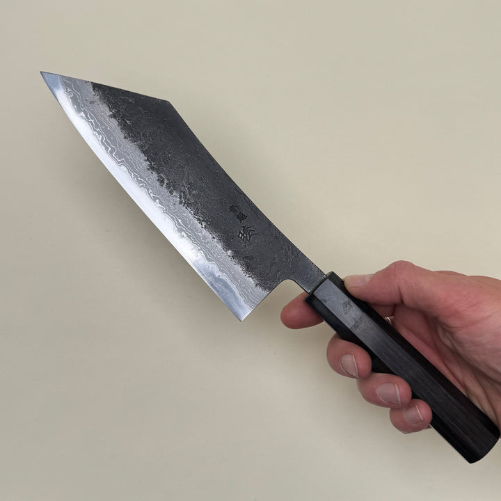 Mutsumi Honoura Blue Super Kurouchi Suminagashi Hakata Knife 180mm
