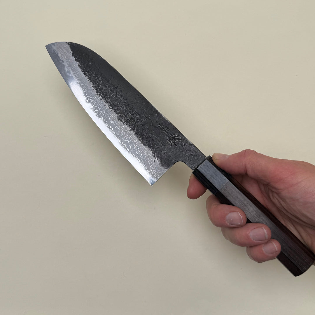 Mutsumi Honoura Blue Super Kurouchi Suminagashi Santoku Knife 165mm
