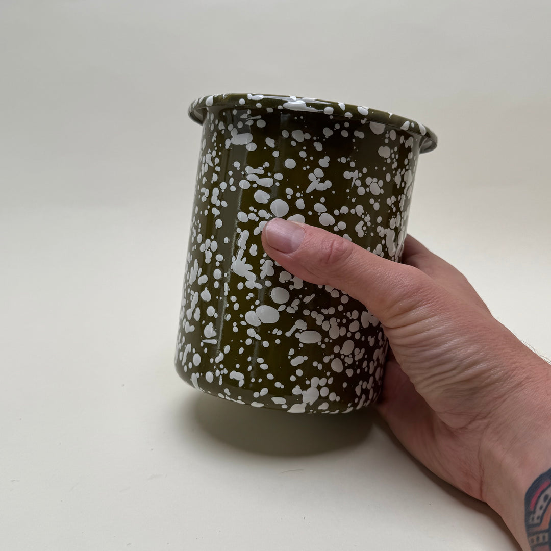 Enamel Utensil pot - Khaki and White