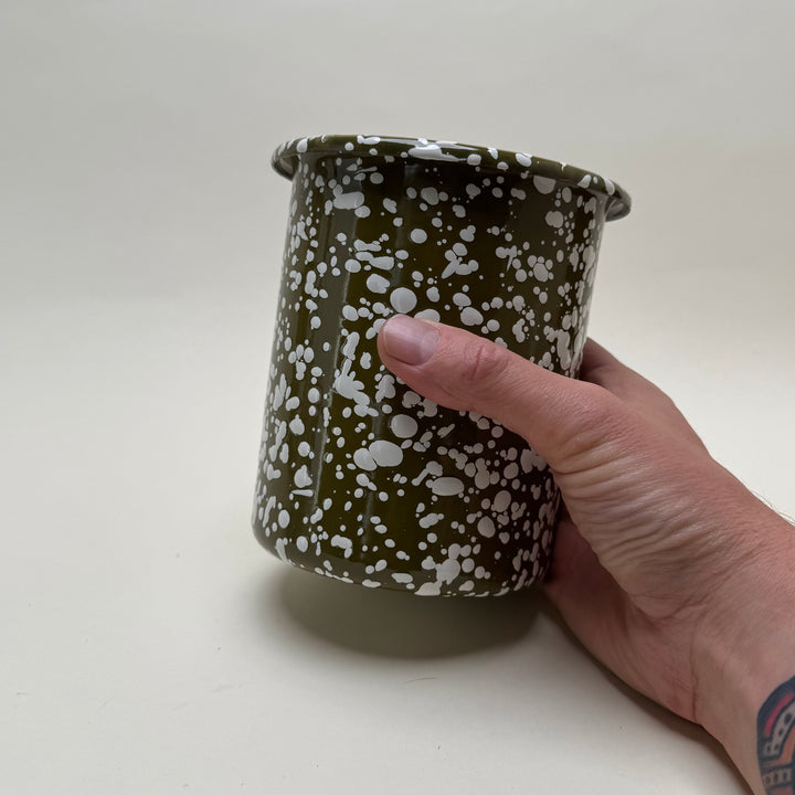 Enamel Utensil pot - Khaki and White