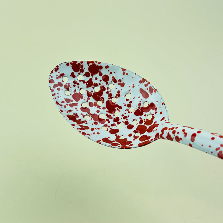 Red Splatter Enamel Slotted Serving Spoon