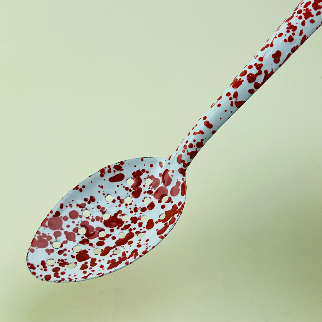 Red Splatter Enamel Slotted Serving Spoon