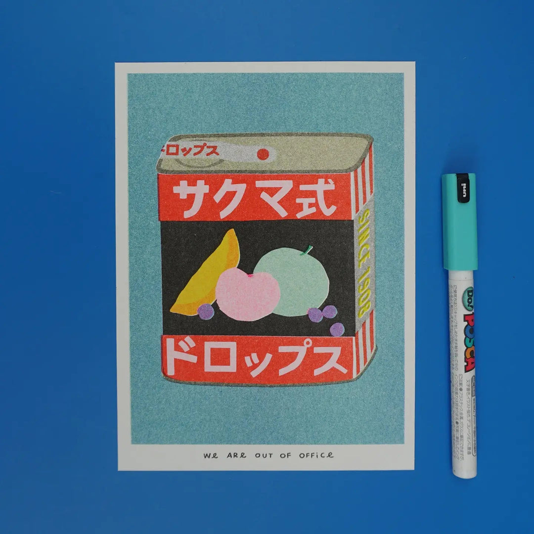 Risograph print - Tin can of Sakuma drops - Community Cutlery
