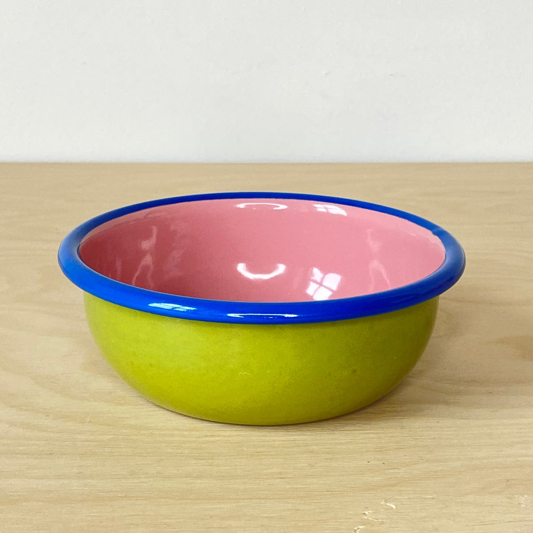 Bornn Enamelware - Small Colorama Bowl Community Cutlery Chartreuse and Soft Pink with Electric Blue Rim 