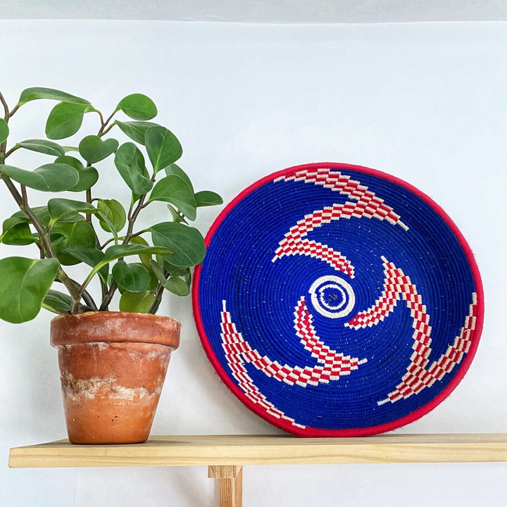 Wide Hand Woven Moroccan Bowl - Blue with Red Detail - Community Cutlery